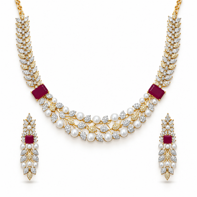 Pearl Ruby Gold Necklace Set With Leaf Design Earrings