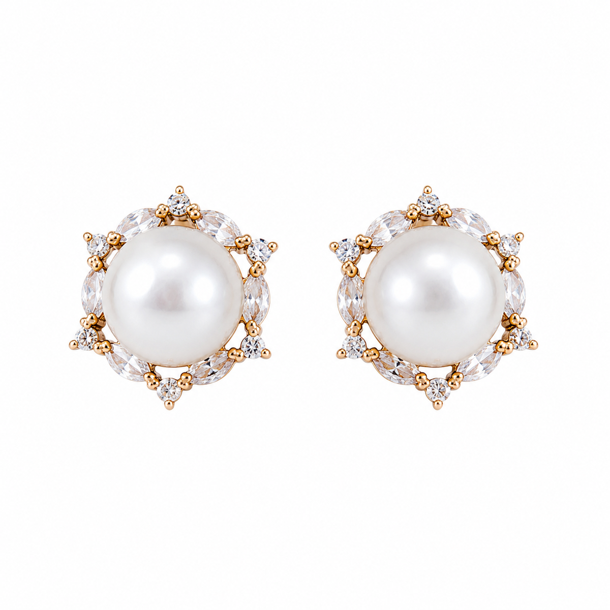 Pearl Stud Earrings with Crystal Gold Tone Setting