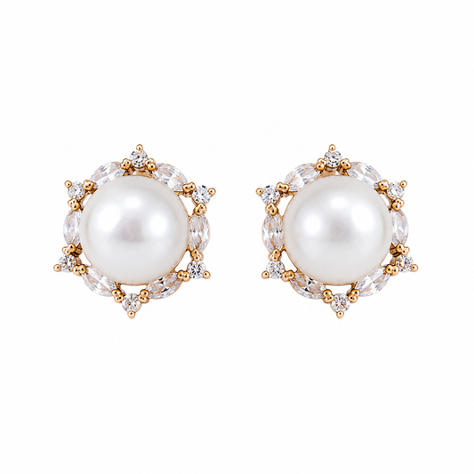 Pearl Stud Earrings with Crystal Gold Tone Setting