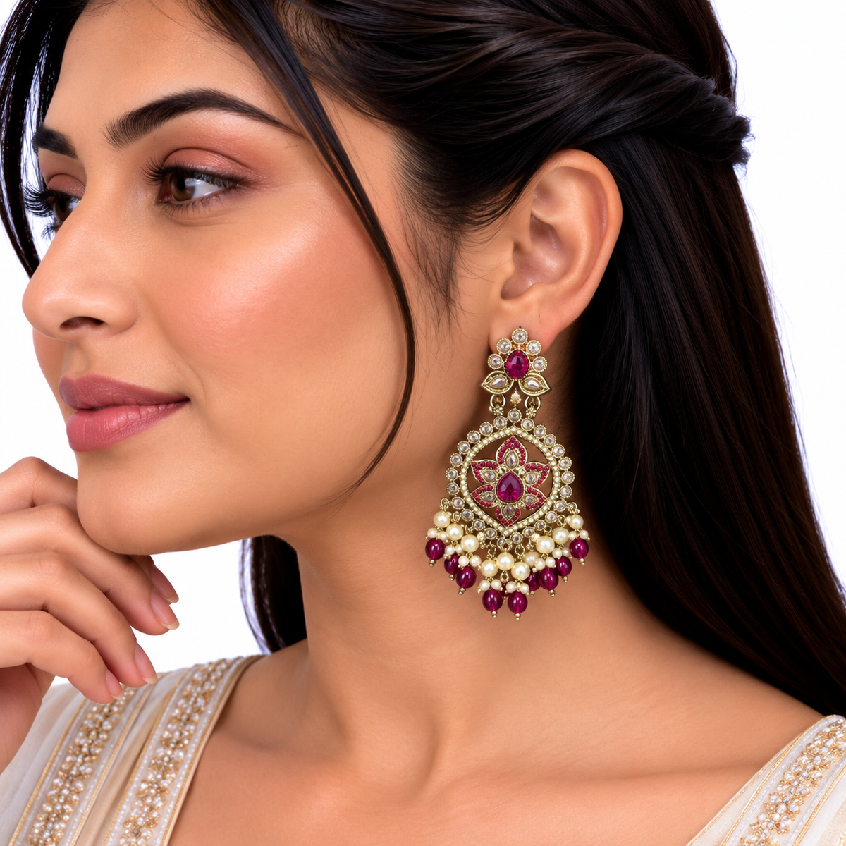 Gold Pink Stone Pearl Drop Earrings for Women