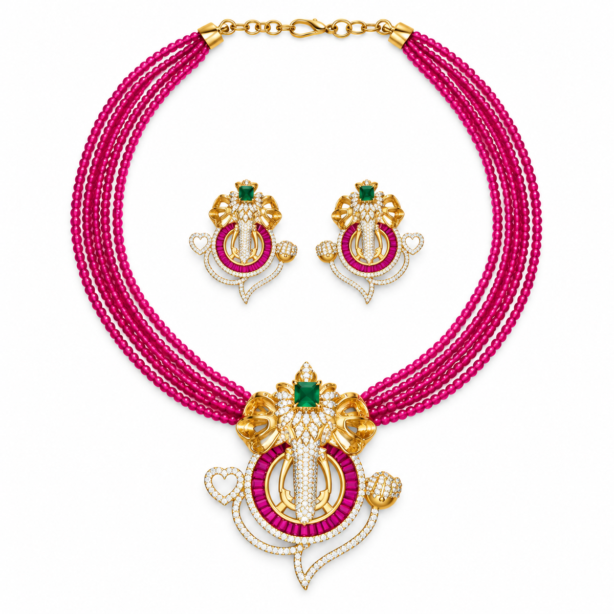 Pink Beaded Ganesha Necklace Set with Matching Earrings