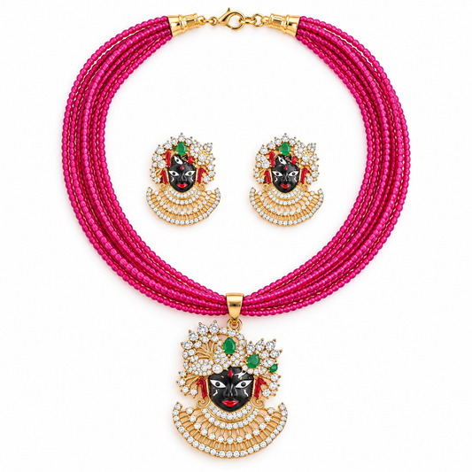 Pink Beaded Goddess Face Necklace Set With Earrings