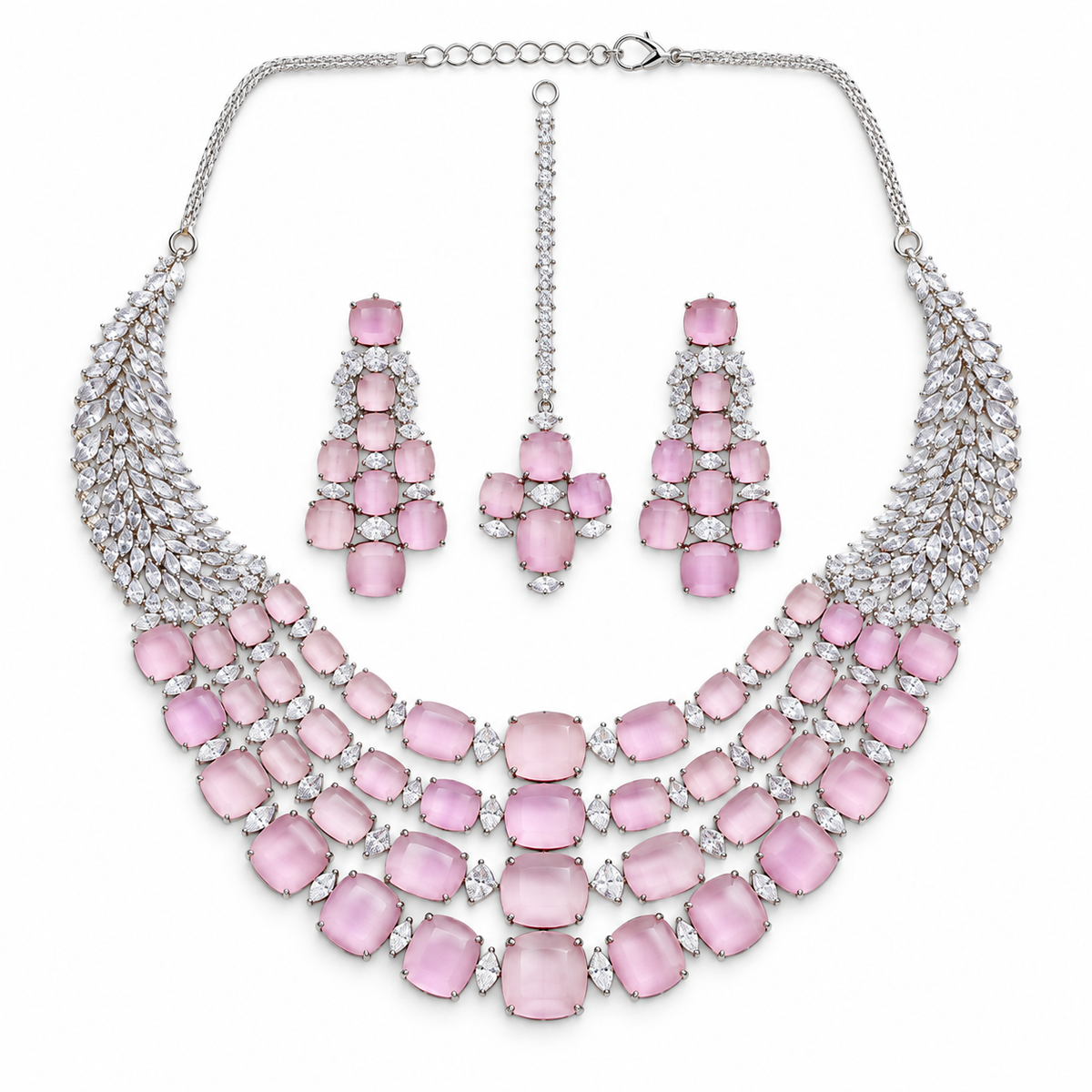 Pink Crystal Bridal Necklace Set With Matching Earrings
