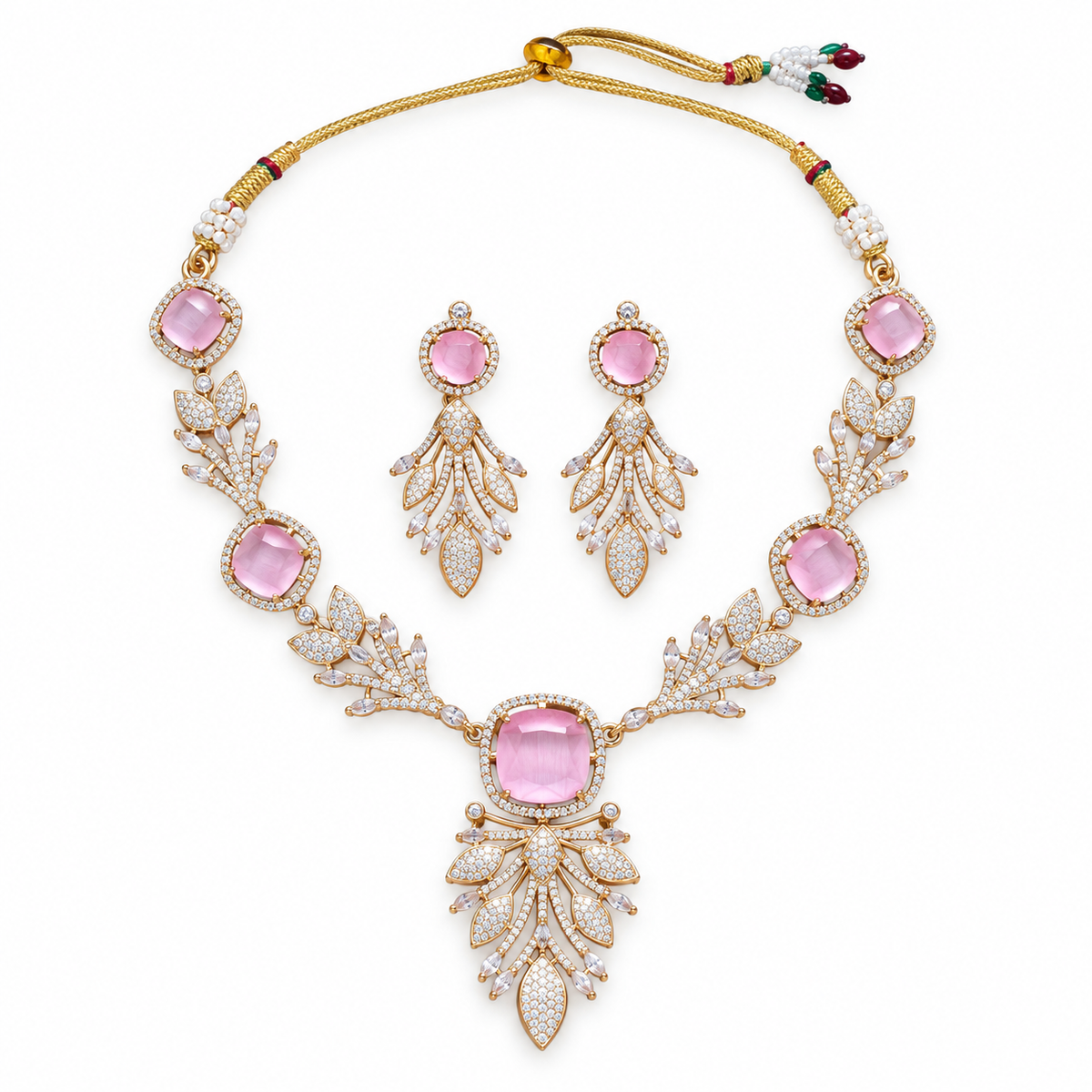Pink Crystal Floral Gold Necklace Set With Earrings