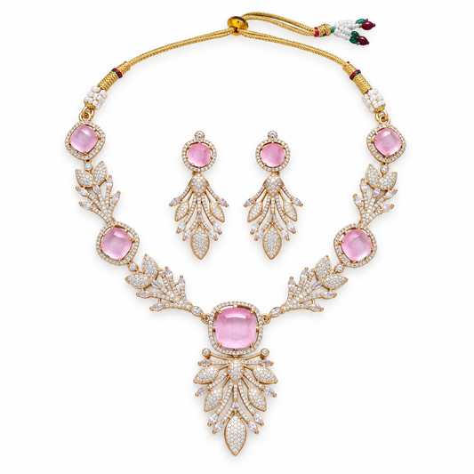 Pink Crystal Floral Gold Necklace Set With Earrings