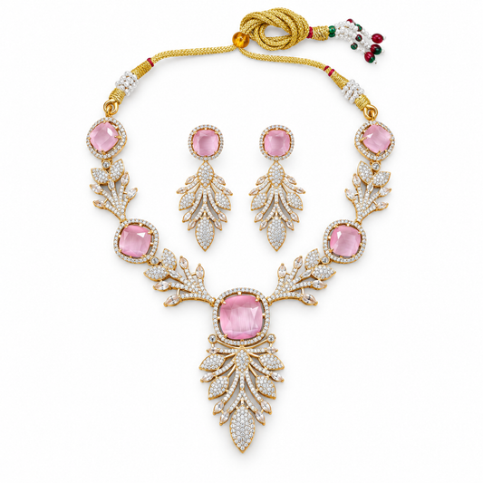 Pink Crystal Floral Necklace Set with Drop Earrings