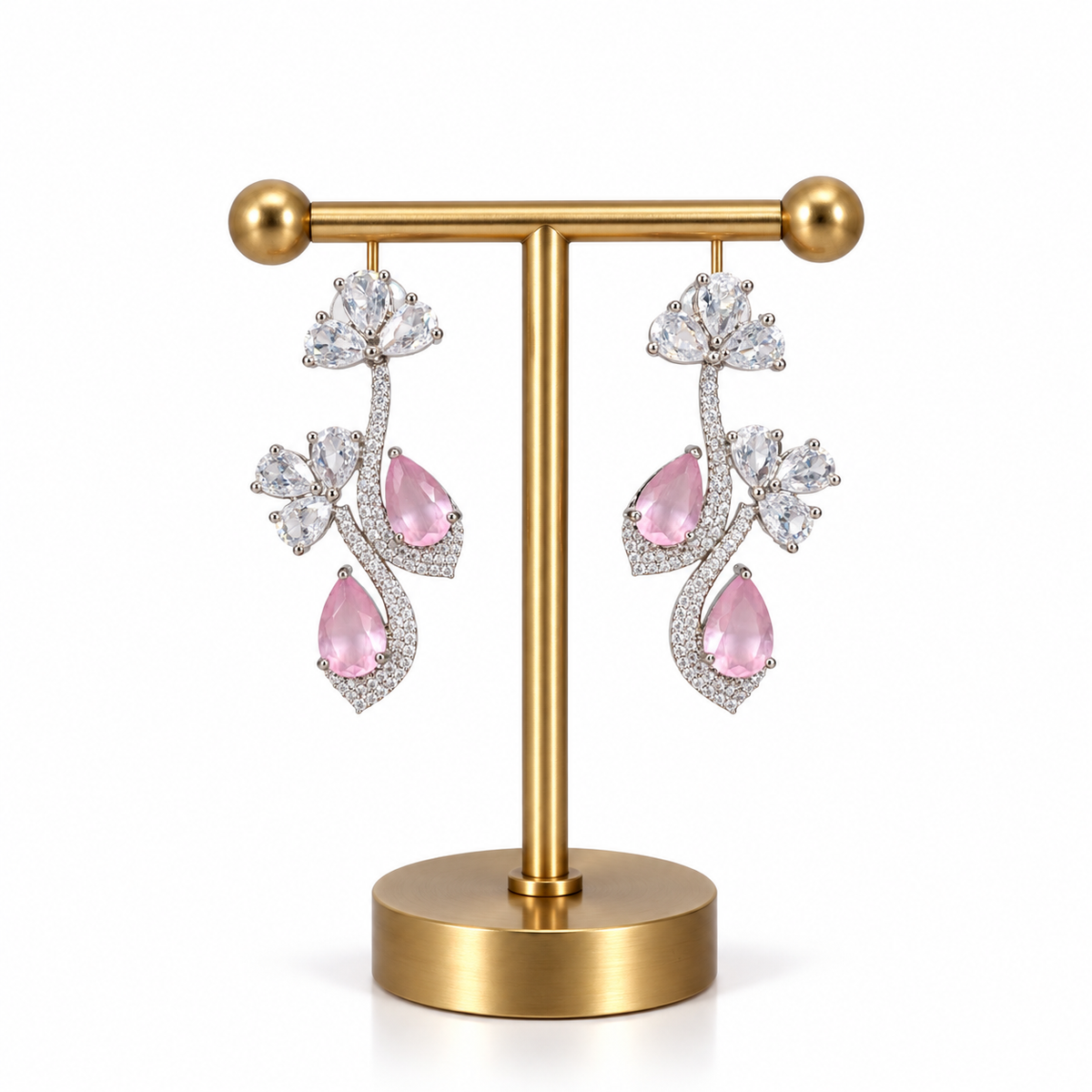Pink Floral Crystal Drop Earrings for Women