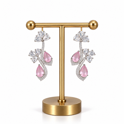 Pink Floral Crystal Drop Earrings for Women