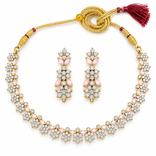 Pink Floral Crystal Necklace Set With Drop Earrings