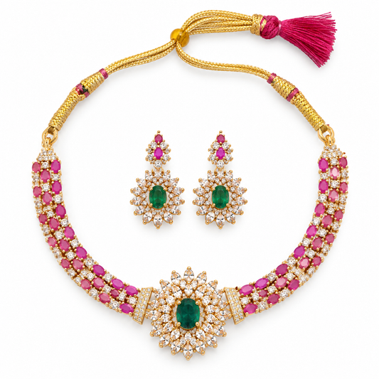 Pink Green Floral Necklace Set With Gold Crystalwork