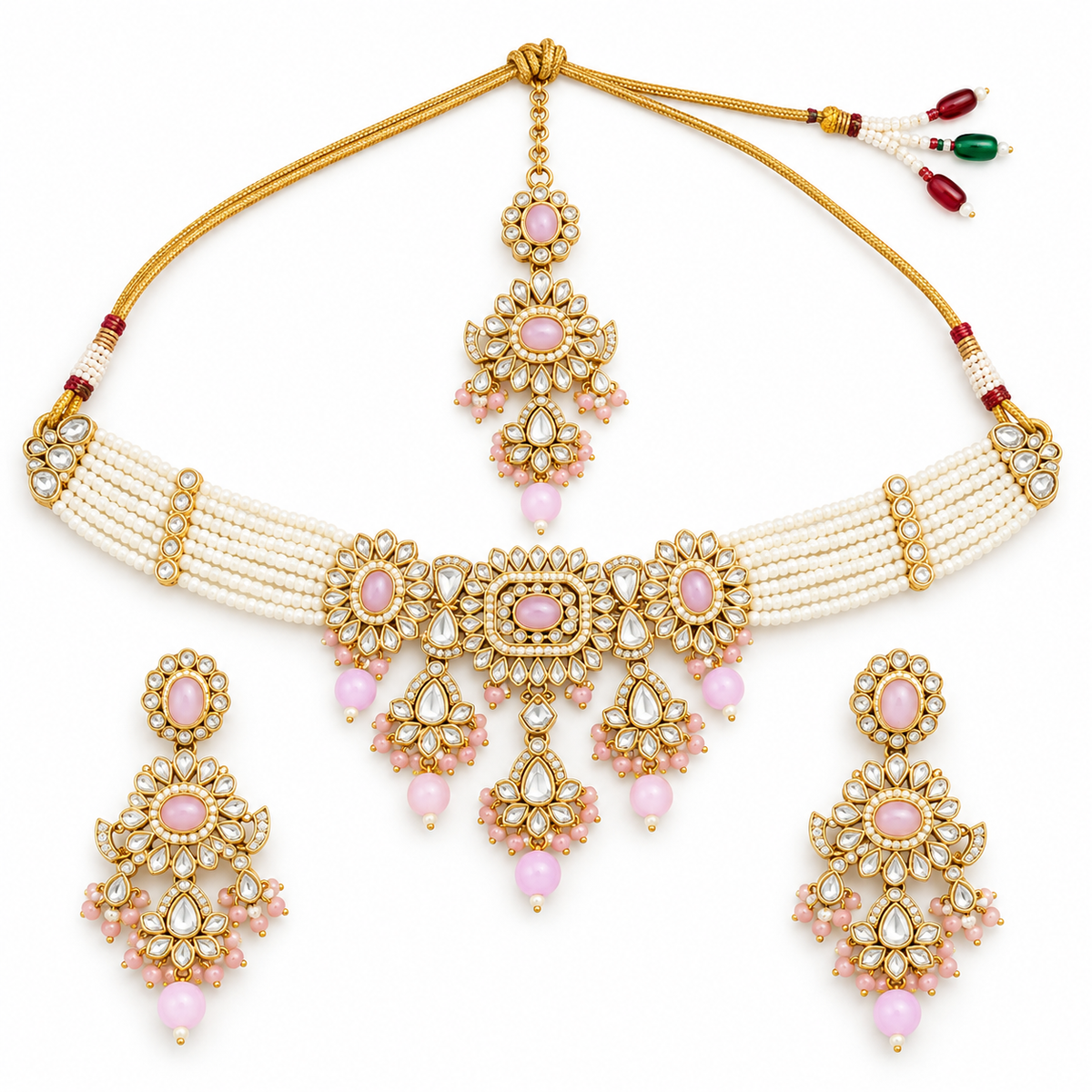 Pink Pearl Kundan Necklace Set With Elegant Tikka