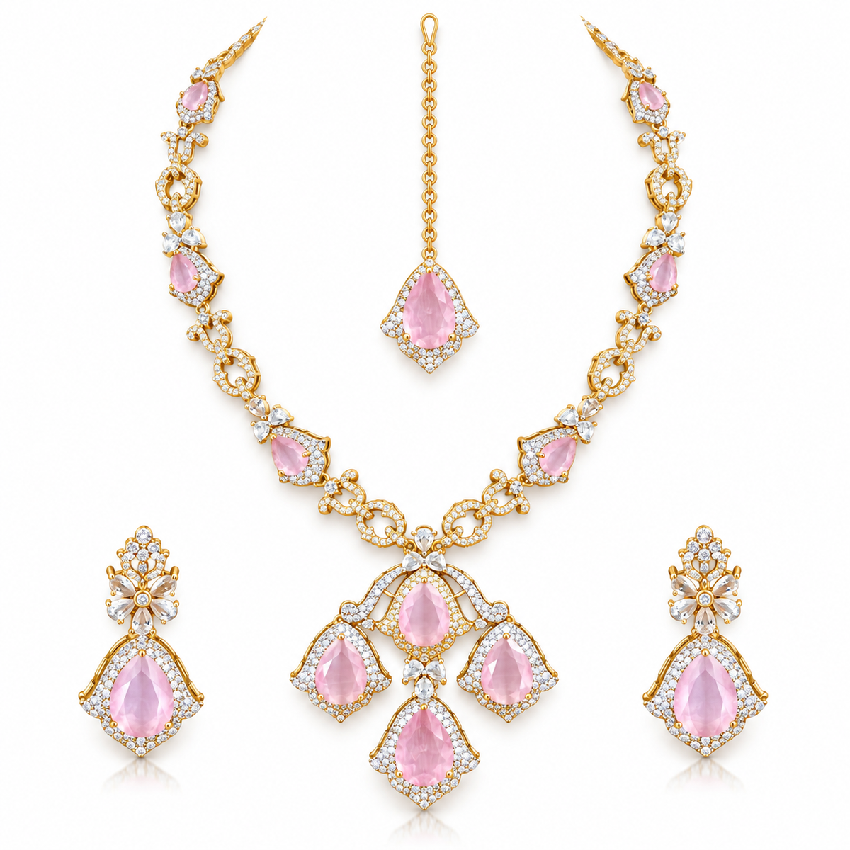 Pink Stone Gold Necklace Set With Teardrop Earrings