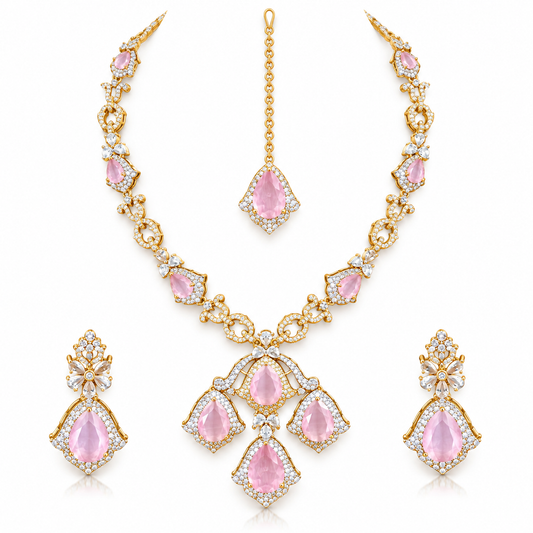 Pink Stone Gold Necklace Set With Teardrop Earrings