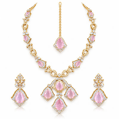 Pink Stone Gold Necklace Set With Teardrop Earrings