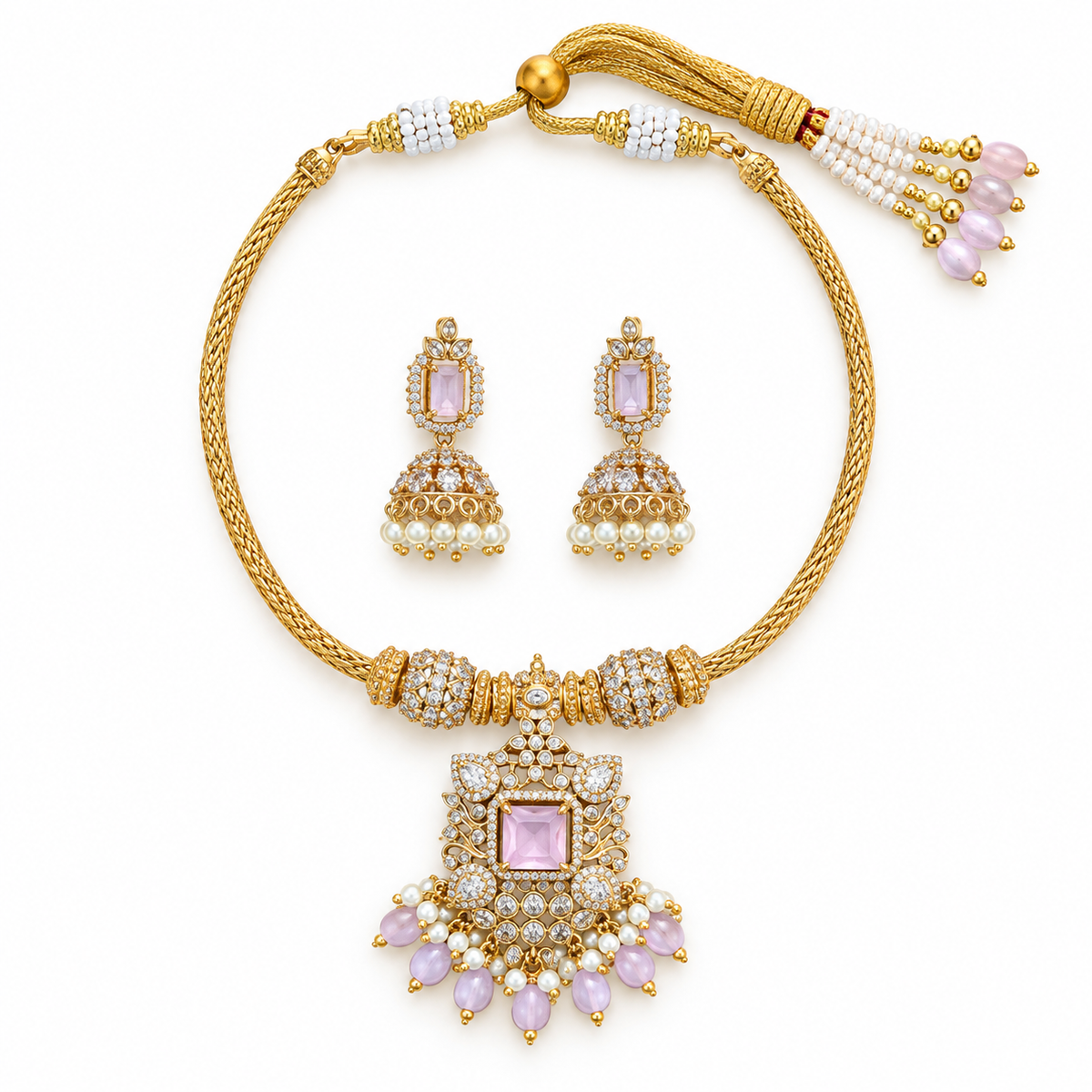 Pink Stone Pearl Kundan Necklace Set With Earrings