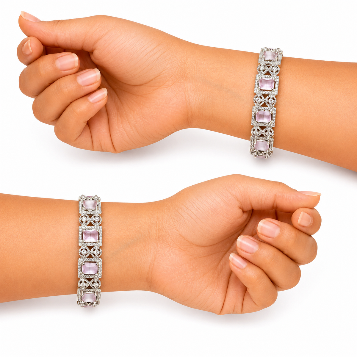Pink Stone Silver Pattern Designer Bangles for Women