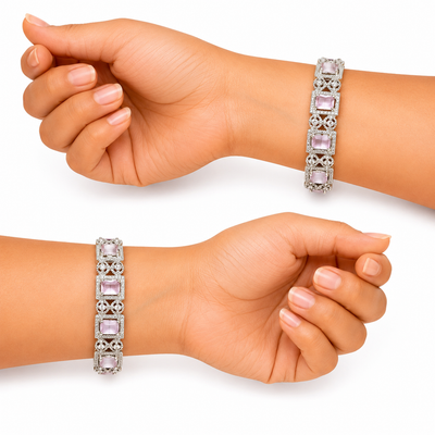 Pink Stone Silver Pattern Designer Bangles for Women
