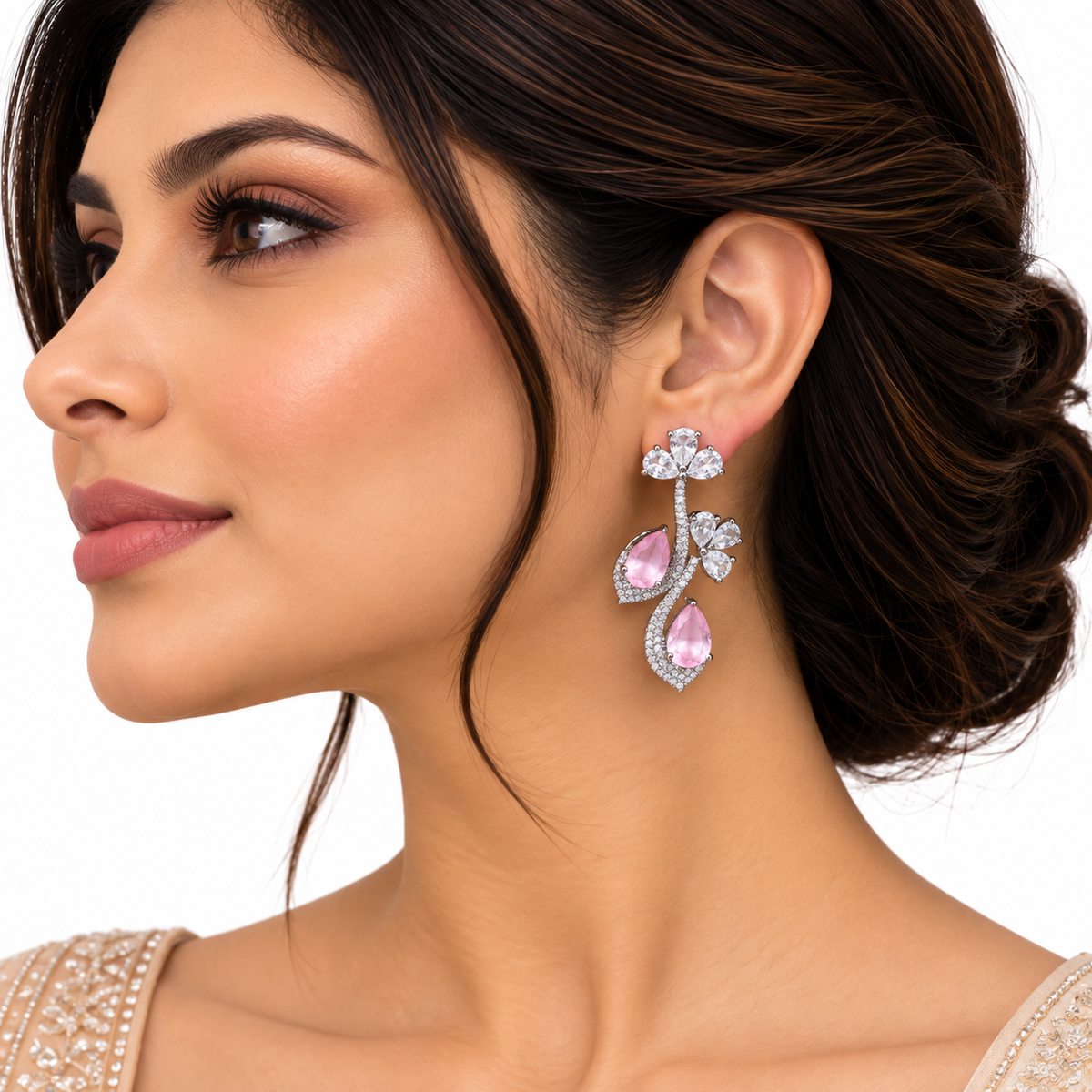 Pink Floral Crystal Drop Earrings for Women