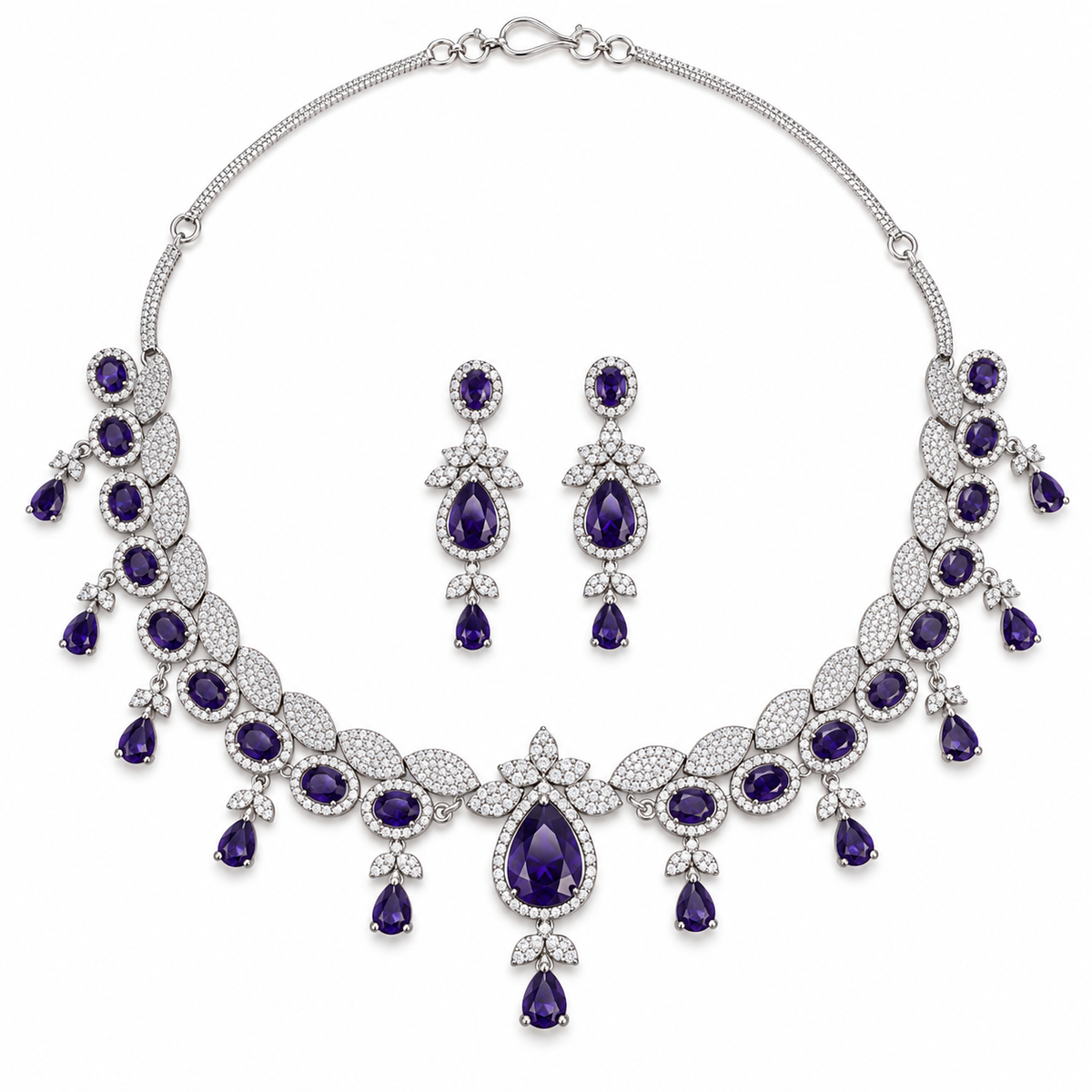 Purple Stone Floral Necklace Set with Drop Earrings