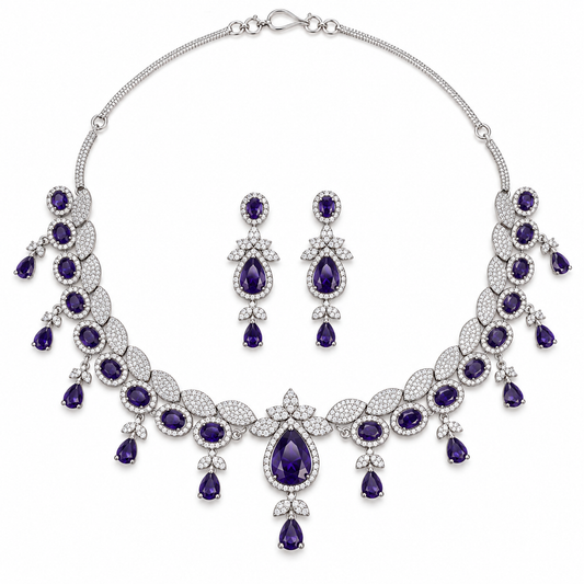 Purple Stone Floral Necklace Set with Drop Earrings
