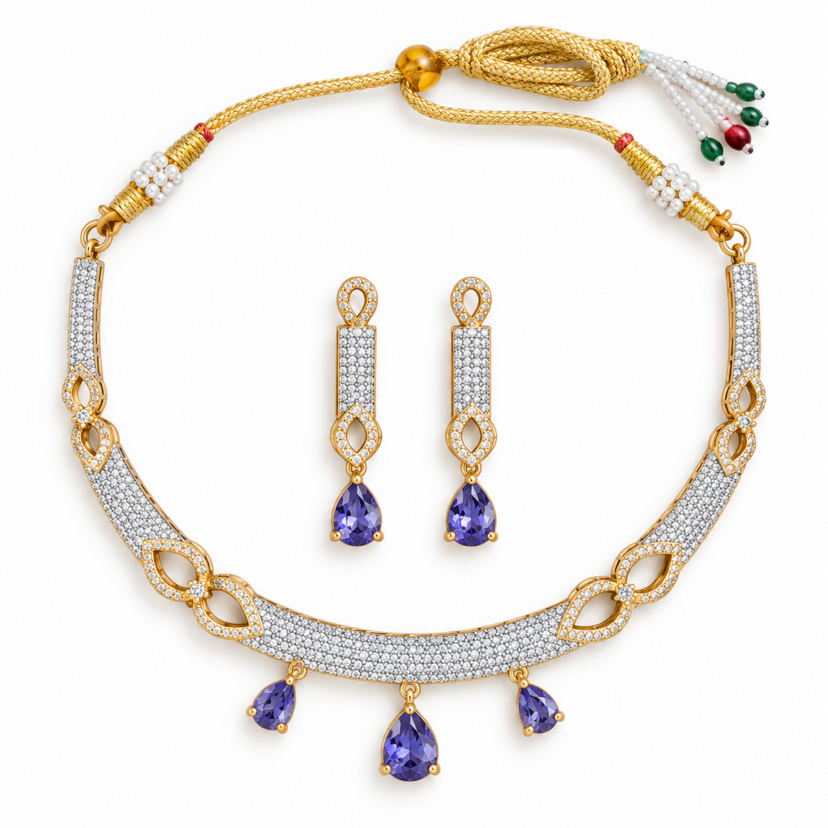 Purple Teardrop Crystal Necklace Set With Earrings