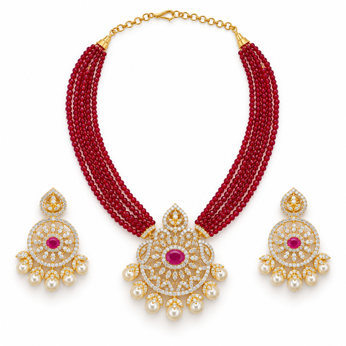 Red Beaded Kundan Necklace Set With Pearl Earrings