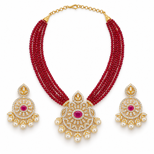 Red Beaded Kundan Necklace Set With Pearl Earrings