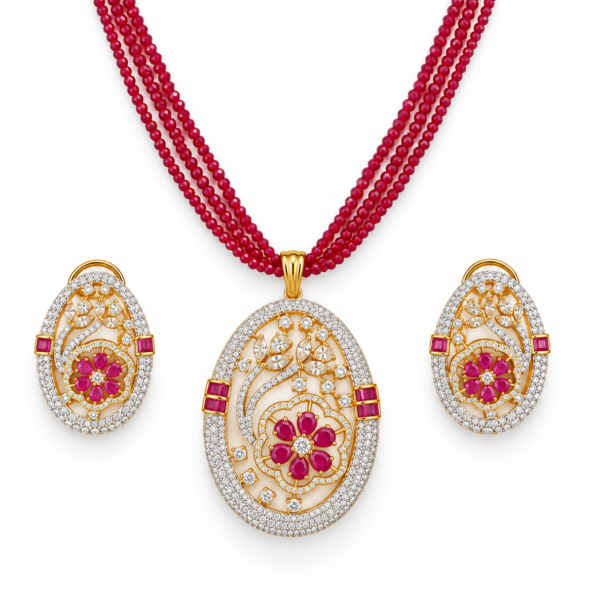 Ruby Floral Pendant Necklace Set With Matching Earrings