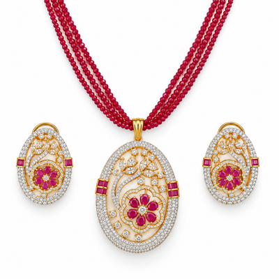 Ruby Floral Pendant Necklace Set With Matching Earrings