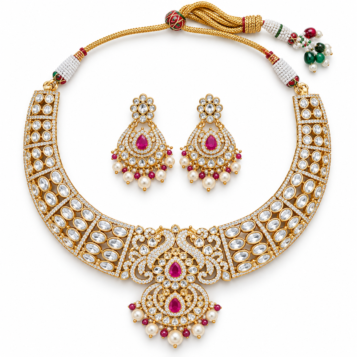 Ruby Kundan Choker Necklace Set with Pearl Earrings