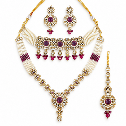 Ruby Pearl Gold Necklace Set With Layered Beads
