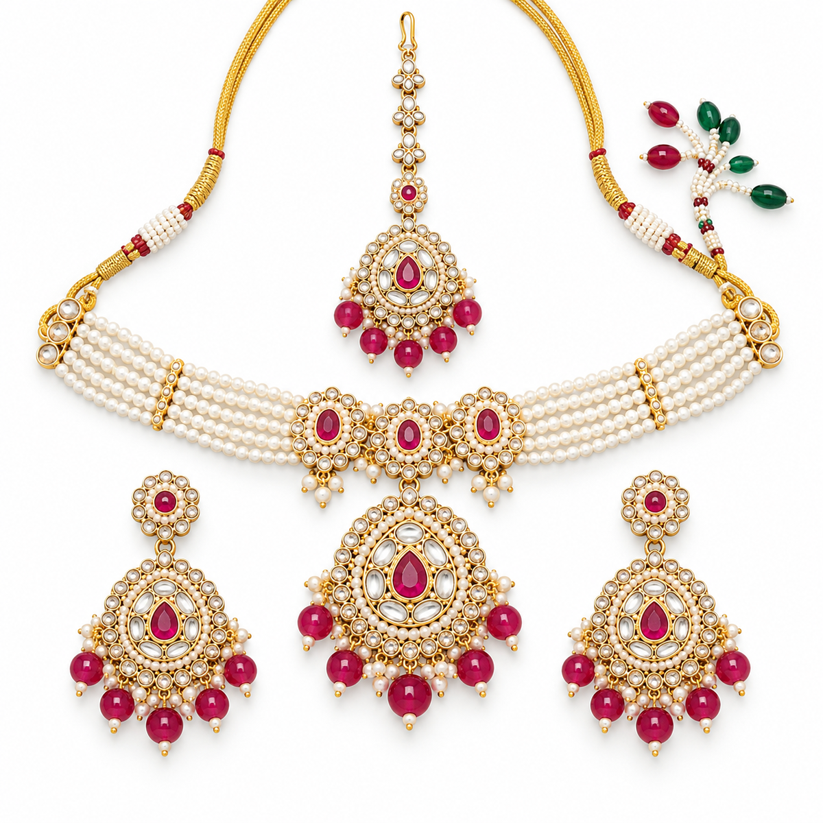Ruby Pearl Kundan Necklace Set With Matching Tikka