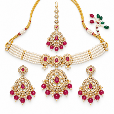 Ruby Pearl Kundan Necklace Set With Matching Tikka