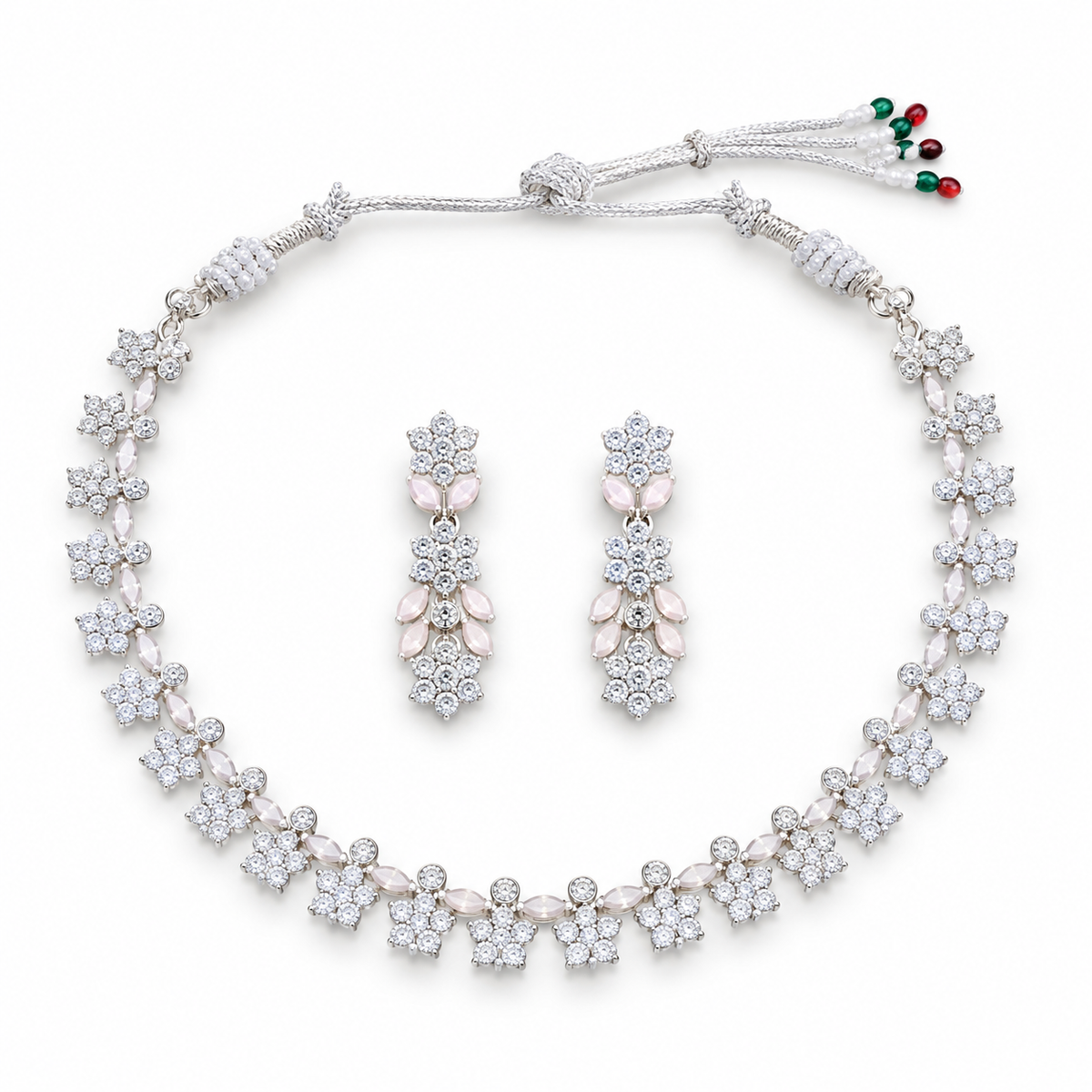 Silver Tone Floral Crystal Necklace Set with Earrings