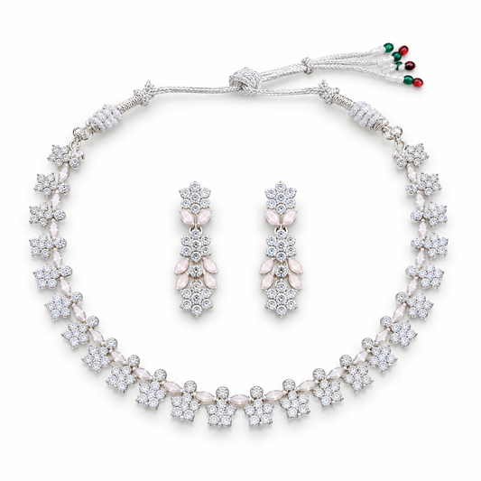 Silver Tone Floral Crystal Necklace Set with Earrings