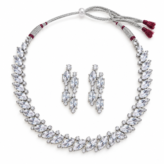 Silver Crystal Leaf Necklace Set with Matching Earrings