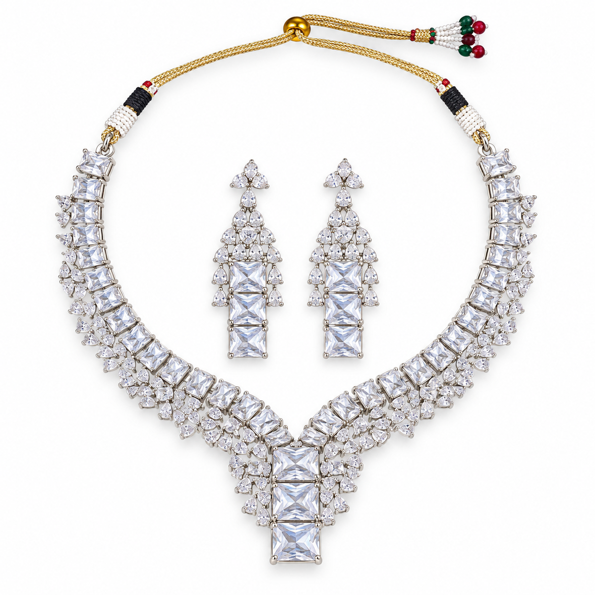 Silver Crystal Statement Necklace Set With Earrings