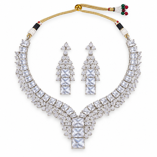 Silver Crystal Statement Necklace Set With Earrings
