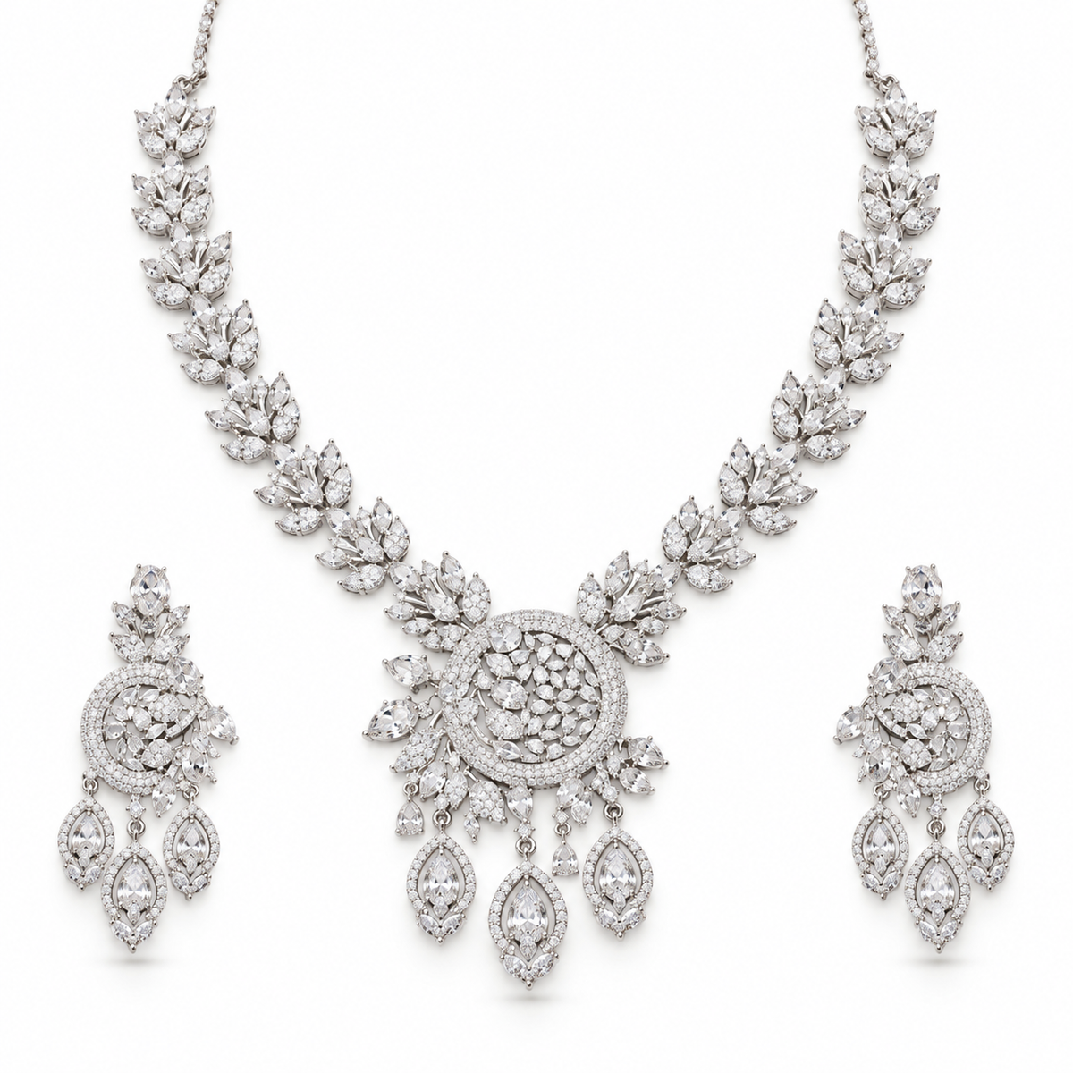 Silver Floral Crystal Necklace Set With Drop Earrings