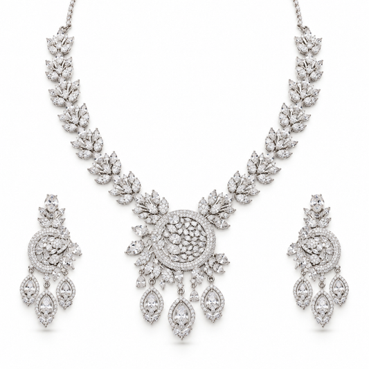 Silver Floral Crystal Necklace Set With Drop Earrings