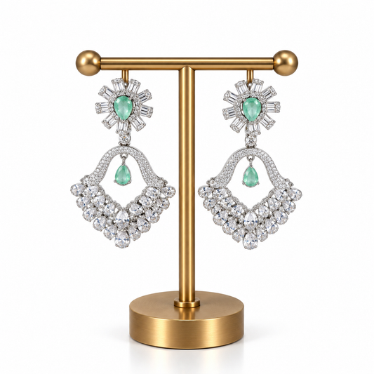 Silver Green Stone Crystal Drop Earrings for Women