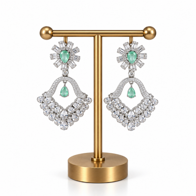 Silver Green Stone Crystal Drop Earrings for Women
