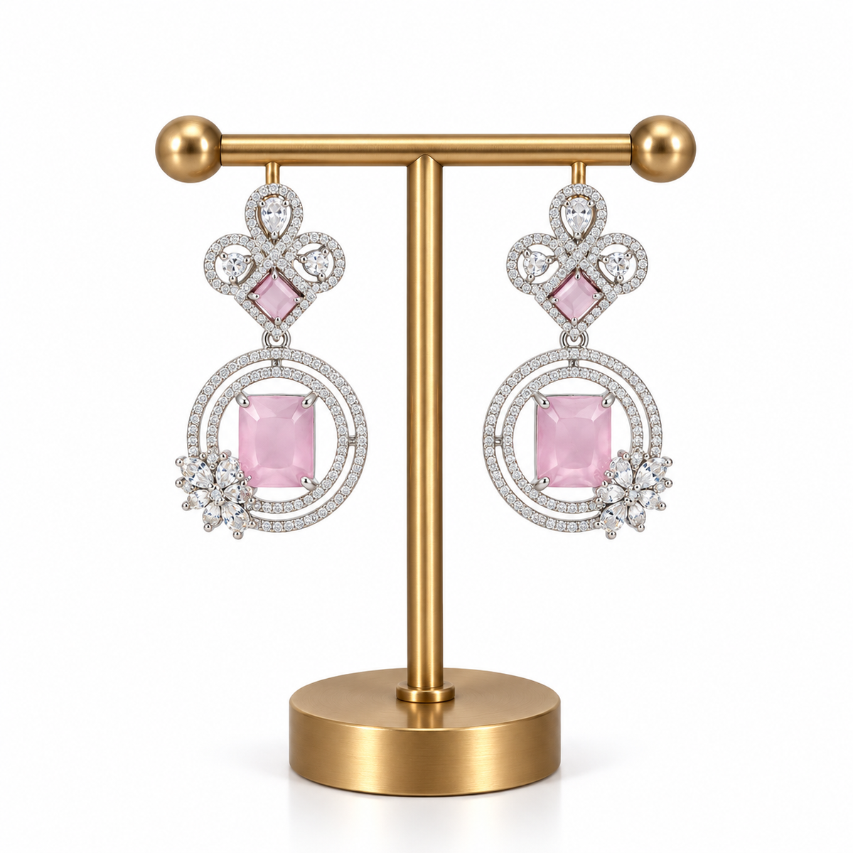 Silver Pink Stone Crystal Drop Earrings for Women