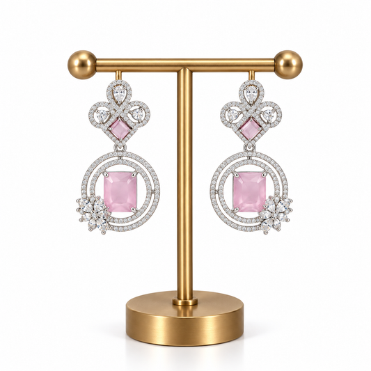 Silver Pink Stone Crystal Drop Earrings for Women