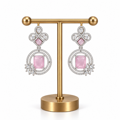Silver Pink Stone Crystal Drop Earrings for Women