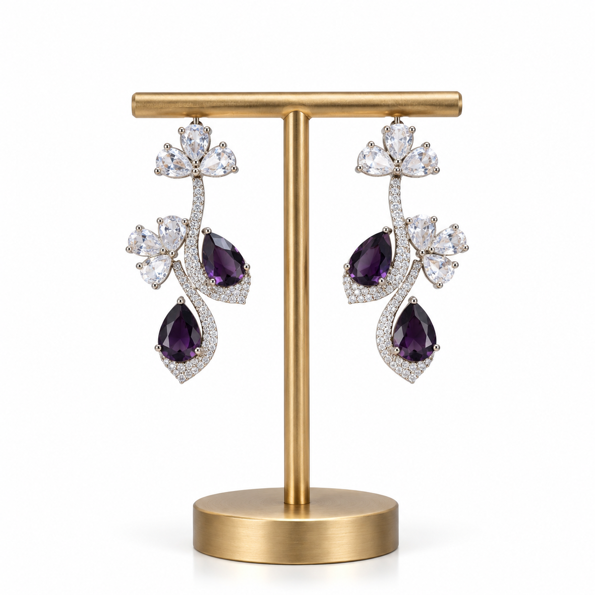 Silver Purple Stone Floral Drop Earrings for Women