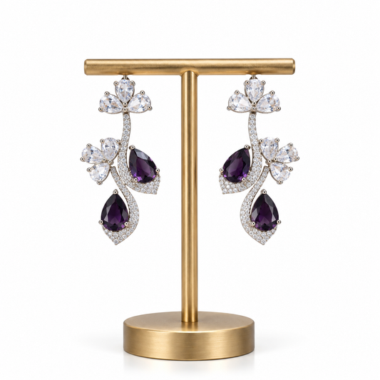 Silver Purple Stone Floral Drop Earrings for Women