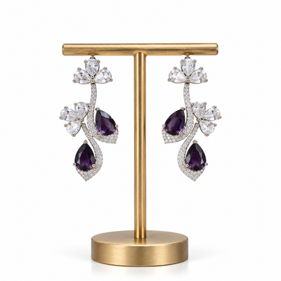 Silver Purple Stone Floral Drop Earrings for Women