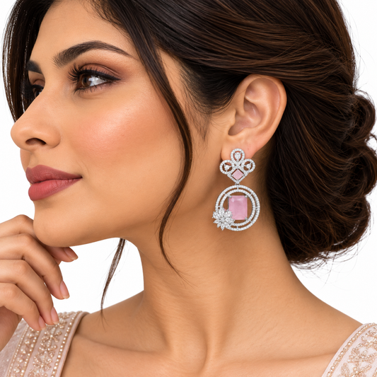 Silver Pink Stone Crystal Drop Earrings for Women
