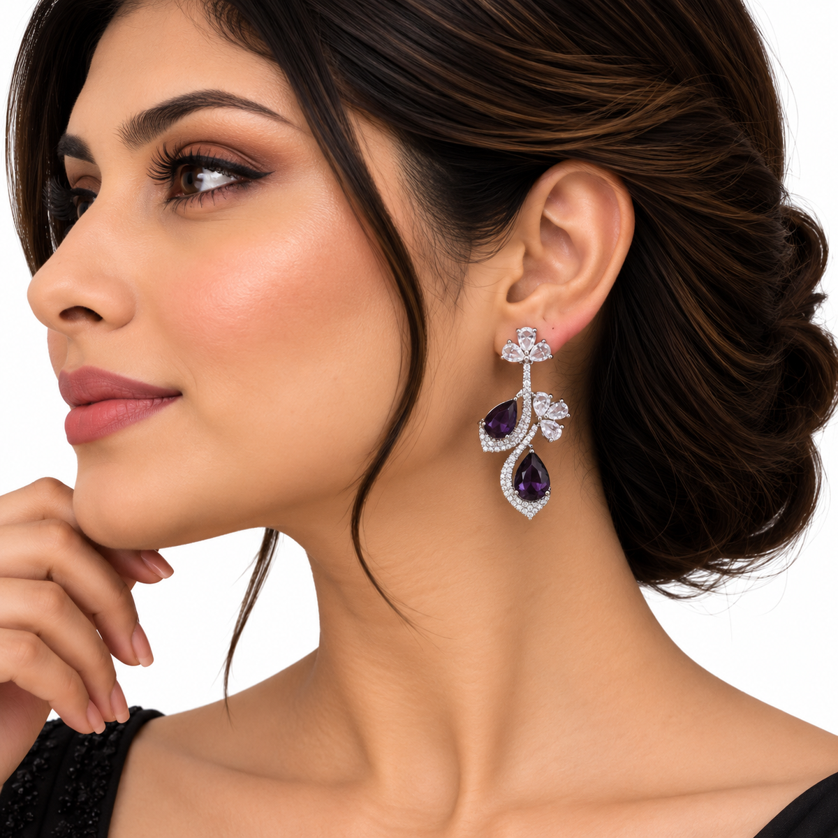 Silver Purple Stone Floral Drop Earrings for Women